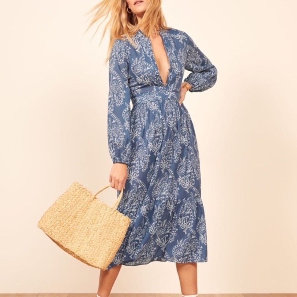 Reformation Delilah Blue Paisley Cotton Tiered Midi Dress Size 4 Lightweight